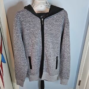 Men's Black and Gray Hoodie Zip-Up Sweater